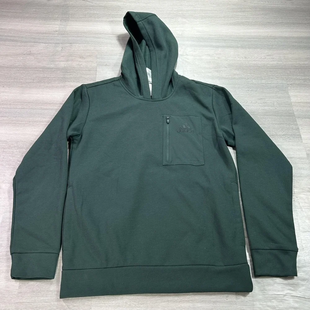 Adidas Hoodie Mens Small Green Fleece‎ Pullover Sweatshirt Chest Pocket JG8148